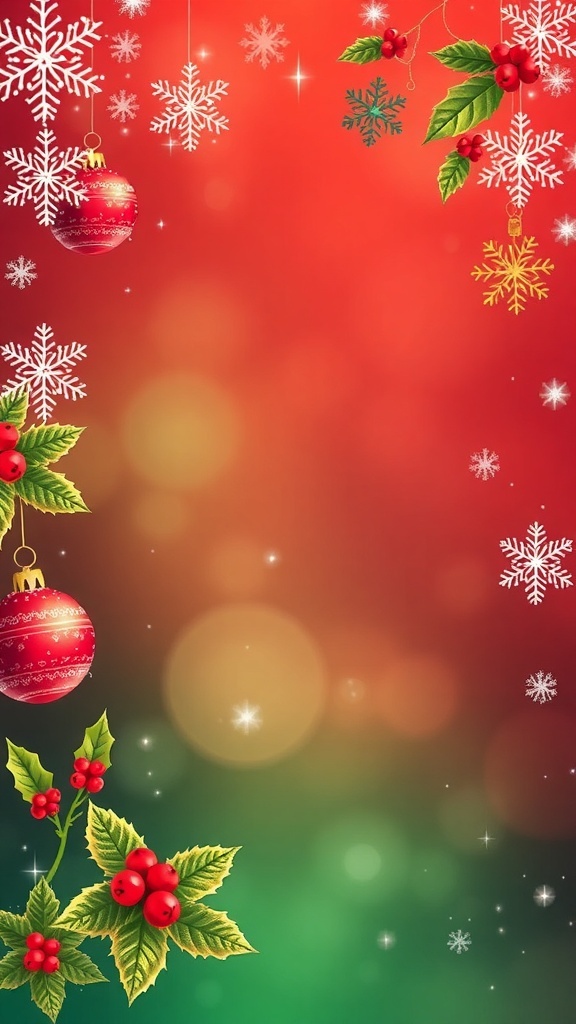 5x7 Christmas background with snowflakes, ornaments, and holly leaves in red and green colors.